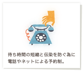 待ち時間の短縮と伝染を防ぐ為に電話やネットによる予約制。